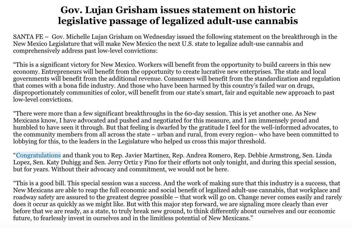 GovMLG's tweet photo. ✅ House Bill 2, legalizing recreational cannabis, has received final legislative approval and heads to my desk!

This is a significant victory for New Mexico and my signing pen is ready.

My full statement: https://t.co/m1oexAOwvY https://t.co/6iJYo6aYmA