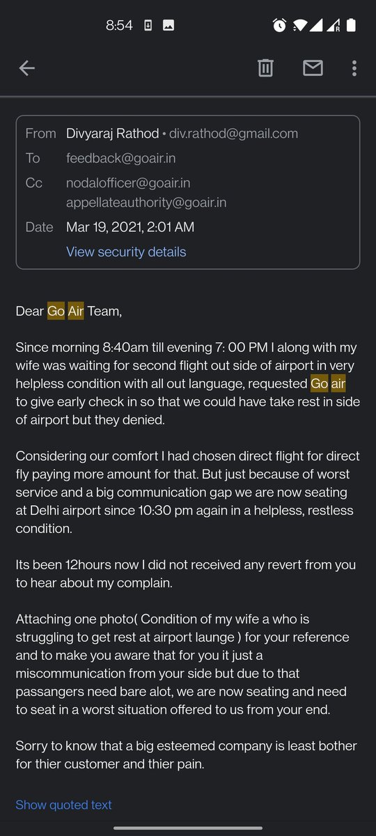 DivyarajRathod's tweet photo. Big airline industry like #Goair dont have  courtesy to reply for graviance mail from there customer.
#ndtv #BOMairport #ajtak #ZeeNewsForever #ABP https://t.co/asozO9i35q