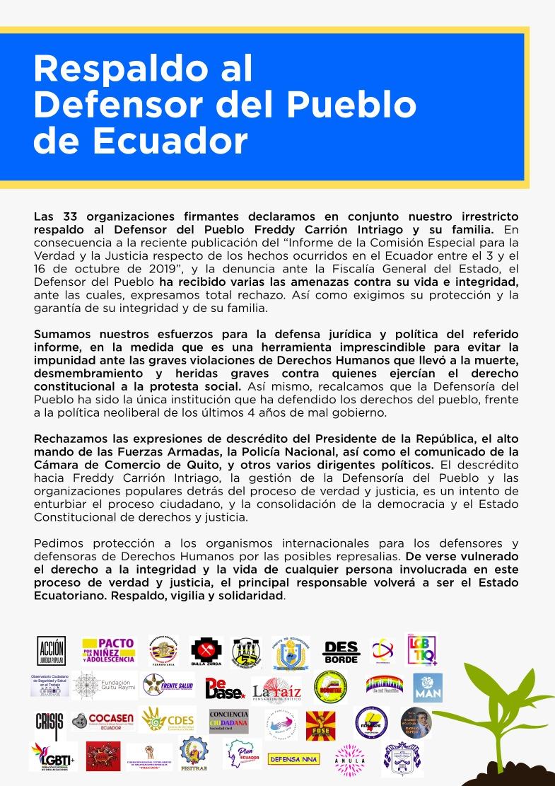 Pino_EC's tweet photo. Conformar la Comisión para la Verdad, Justicia y Reparación por los hechos de octubre de 2019 es uno de los hitos en DDHH de nuestro país. ¡Gracias a @DEFENSORIAEC liderada por @freddcarrion!
#EstamosConElDefensor #PorNuestraVida https://t.co/4AHZmzU3WB