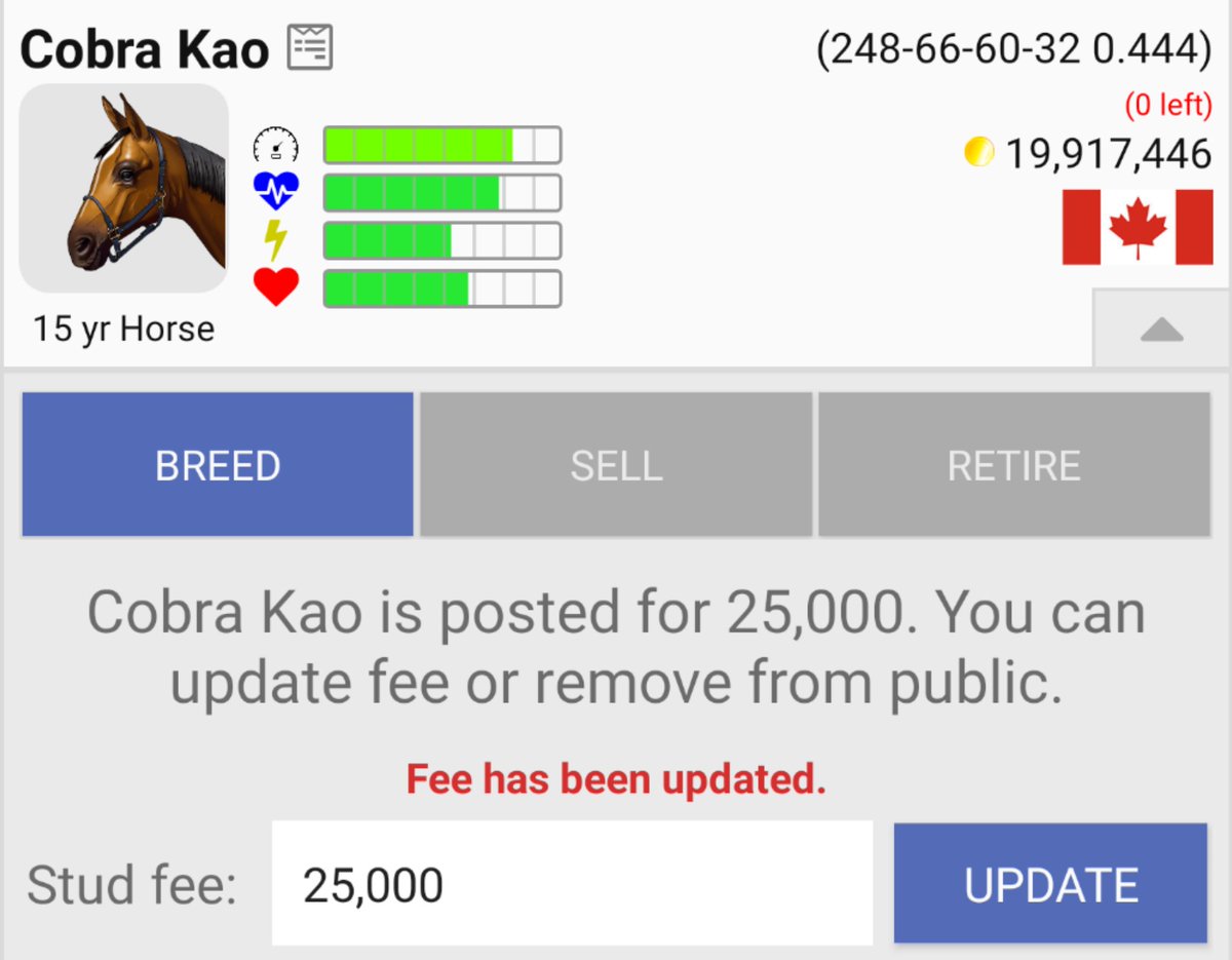 *Sire Alert* - Staying in America! Cobra Kao will stand in the USA for a discounted 25k! He sells out yearly as you can see so come get some in week 1! <a href="/AndPacing/">Off and Pacing</a> <a href="/BadJumpGames/">Bad Jump Games</a> <a href="/DreamalotStable/">Dreamalot Stables</a> <a href="/Bpezz97/">Bobby Pezzulo</a> <a href="/TonyPezzulo27/">Tony Pezzulo</a> <a href="/Ralphie9/">Nicholas Boyd</a> @PaulStars6 <a href="/swiftrunterrier/">Bob Boyd</a> <a href="/Matt81947401/">Matt</a>