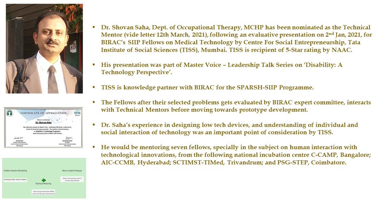 MCHP_MAHE's tweet photo. Congratulations!
@OT_ShovanSaha , associate professor
@OT_MCHP_MAHE
for being nominated as the Technical Mentor for BIRAC's SIIP Fellows on Medical Technology by Centre For Social Entrepreneurship,TIIS
@MCHP_MAHE https://t.co/NwwVi8OSEW