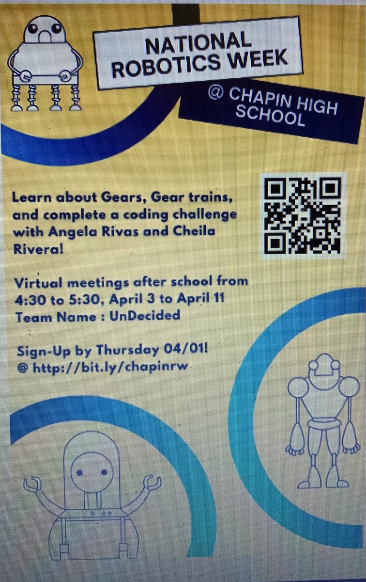 chapinpltw's tweet photo. #ChapinRobotics still recruiting interested middle school students for #NationalRoboticsWeek Competitions. We want to sponsor 10 teams! We are almost there! Sign up today! #HuskySpirit #OnlineTogether https://t.co/dMQY9xsoMO
