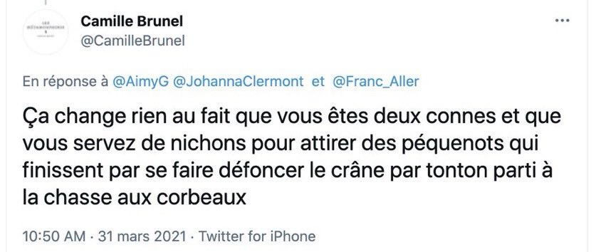 VeneurMasque's tweet photo. @CamilleBrunel @GrouikG @ChasseursFrance @brigitte_bardot @FBB_Officiel @_LICRA_ Et pour ça, on saisit qui?
@HCEfh? @egalite_gouv? @justice_gouv ? @education_gouv ? Ou un simple groupe de parole sur la frustration sexuelle sera suffisant pour calmer tes ardeurs? 😘 https://t.co/29NQ9OxBMz