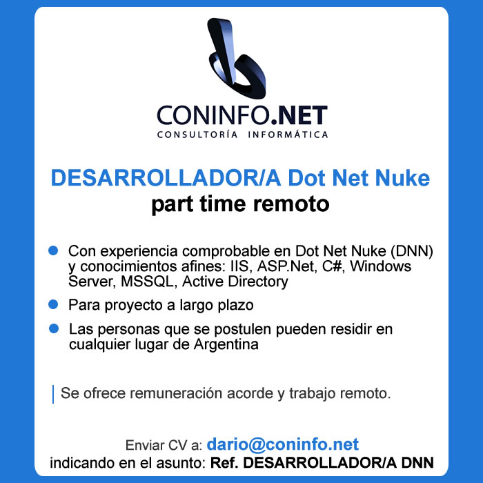 tneaar's tweet image. ☘️ [#remoto] CONINFO.NET S.A. selecciona #DESARROLLADOR/A #DOTNETNUKE part time

❌ CV a: 📧 dario@coninfo.net Ref. DESARROLLADOR/A DNN 

#TNEA #Corrientes #Formosa #Chaco #Misiones #empleoar #trabajoar #DNN #CMS #programacion #Programadores #Argentina