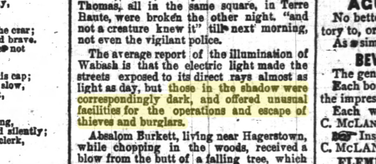 PessimistsArc's tweet image. 🕣 141 years ago today Wasbash, Indiana became the 1st city on earth lit via electricity💡
It all happened in SPITE of cynical residents and a gun wielding newspaper editor!
THREAD 🧵
One paper argued the shadows electric light cast would help criminals!