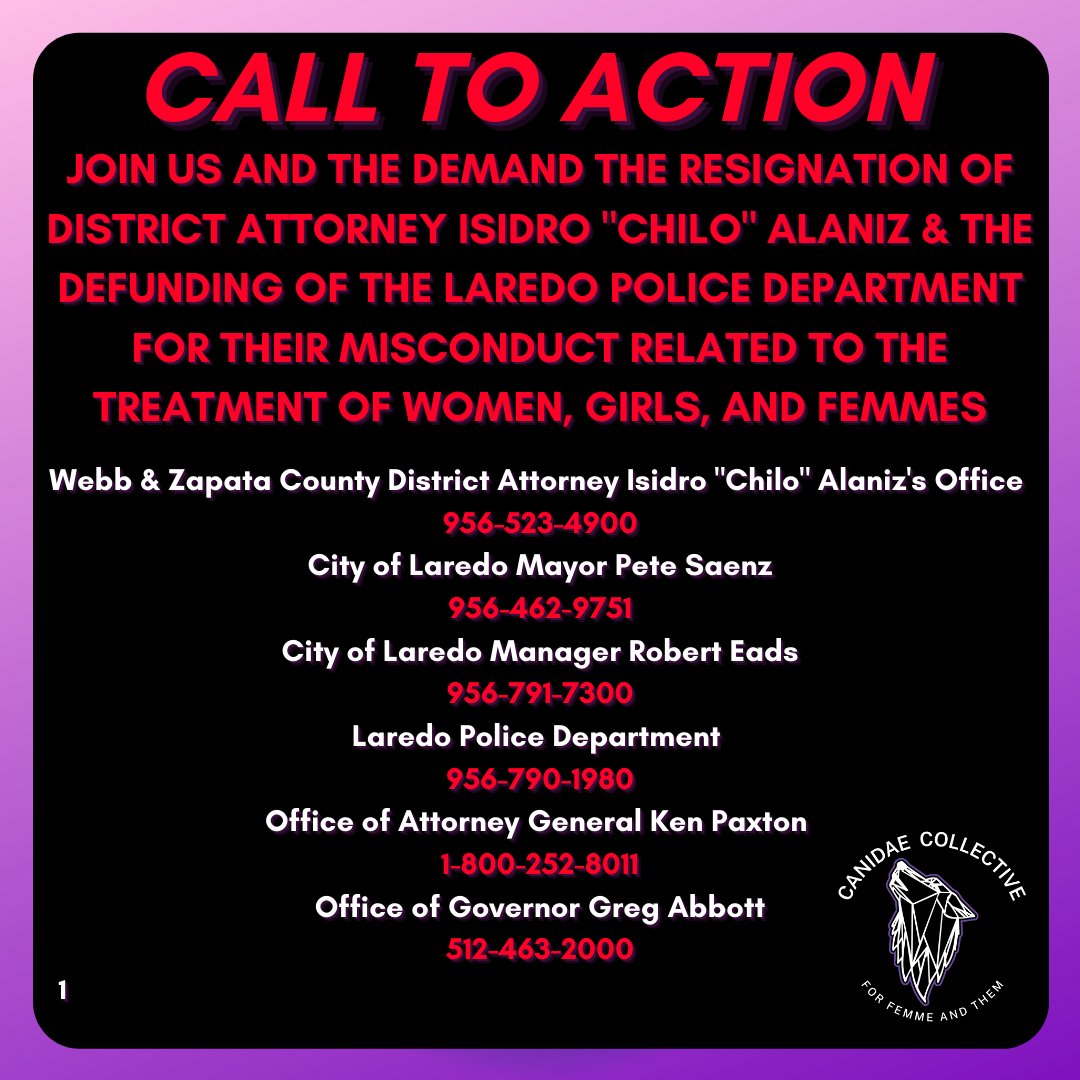 thecanidaeco's tweet photo. REMINDER: We are still demanding the resignation of DA Chilo Alaniz and the defunding of LPD. For more info, visit our Instagram or Facebook.
#fuerachilo #defundlpd #defundthepolice #laredotx https://t.co/RU2VCW3MUd