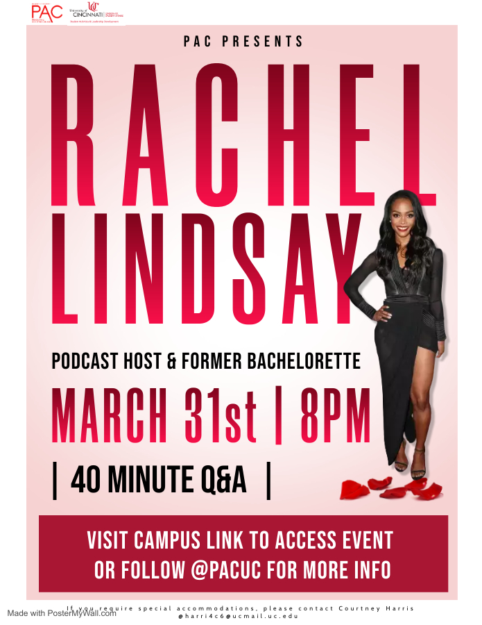 RACHEL LINDSAY Q&amp;A TONIGHT

Starting @ 8PM

 ucincinnati.zoom.us/j/94124252464