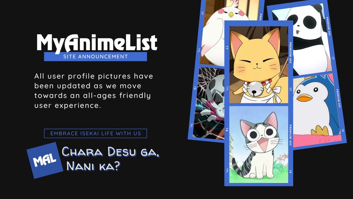 Myanimelist On Twitter To Attract Investor Interest And Increase User Growth We Ve Standardized Profile Pictures To Be Cute Animals Instead Of Ecchi Images We Hope Existing Users Will Embrace Their Reincarnation As