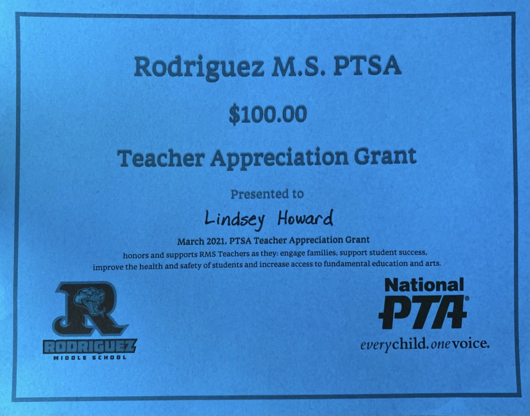 Congratulations to Ms. Howard for winning the $100 March PTSA Teacher Classroom Grant!!! Thank you Ms. Howard for your support of the PTSA!  🐍 #hisshiss #vipernationstaff