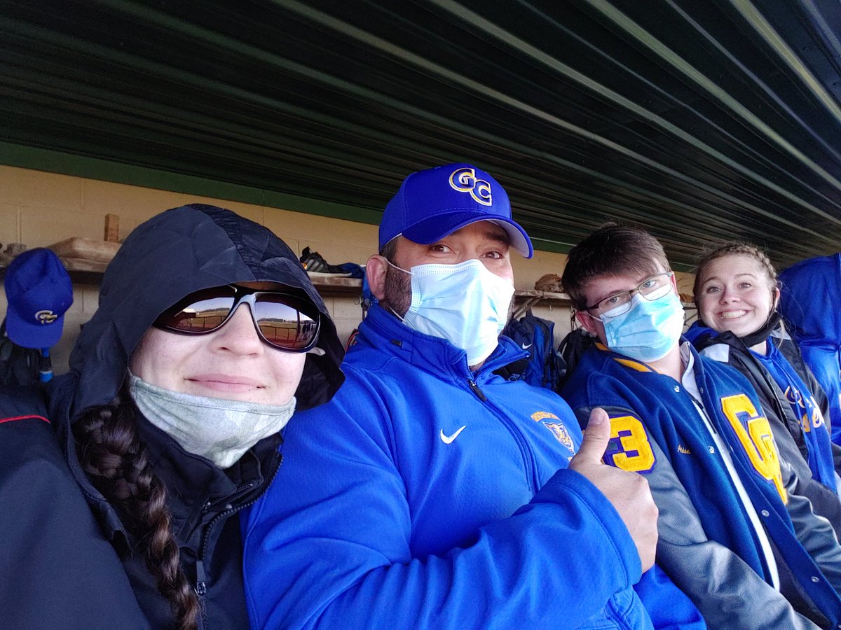 GC__AT's tweet photo. First time in 2 years, opening day for baseball at GC! Freezing in the dugout but we are glad to be here! Great to have our newest student AT Aryana Hibbard working baseball this season with Aidan Davis and Head AT Ryan Galloy! #gccougars #baseballATs #athletictraining https://t.co/11HQfOyeZC