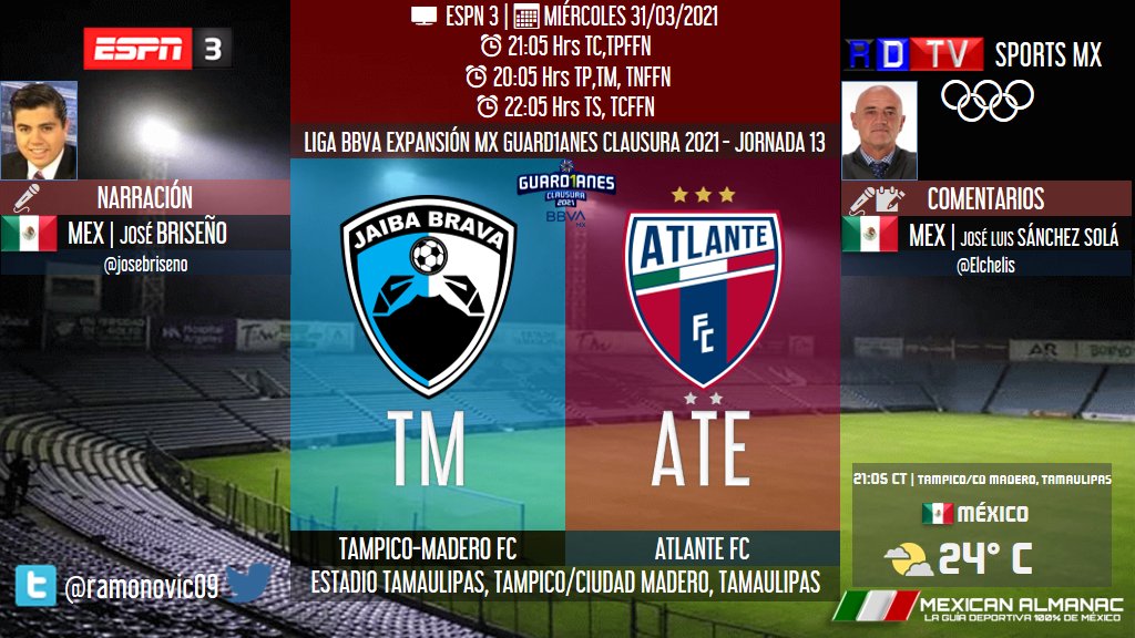 ramonovic09's tweet photo. 🇲🇽 #LigaBBVAExpansionMX #Guard1anes2021 #Jornada13 | @TMFCoficial 🆚 @Atlante
#TampicoMadero #Atlante
📅 Hoy
📺 @ESPNmx 3
⏰ 21:05 Hrs TC, 20:05 Hrs TP
🎤 @josebriseno
🎤📝 @Elchelis
#ExpansiónxESPN #UsaCubrebocas #TMATE https://t.co/1zLeDlJega