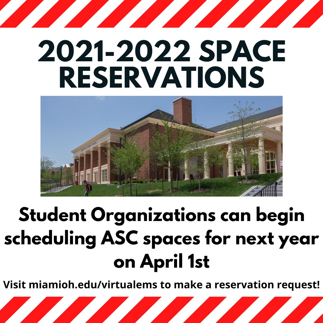 We hope to return to more normal operations in the fall and will allow student organizations to begin placing requests for the 2021-2022 academic year beginning at midnight. Be aware that all requests are tentative and subject to change based on COVID-19 protocols. #MiamiOH