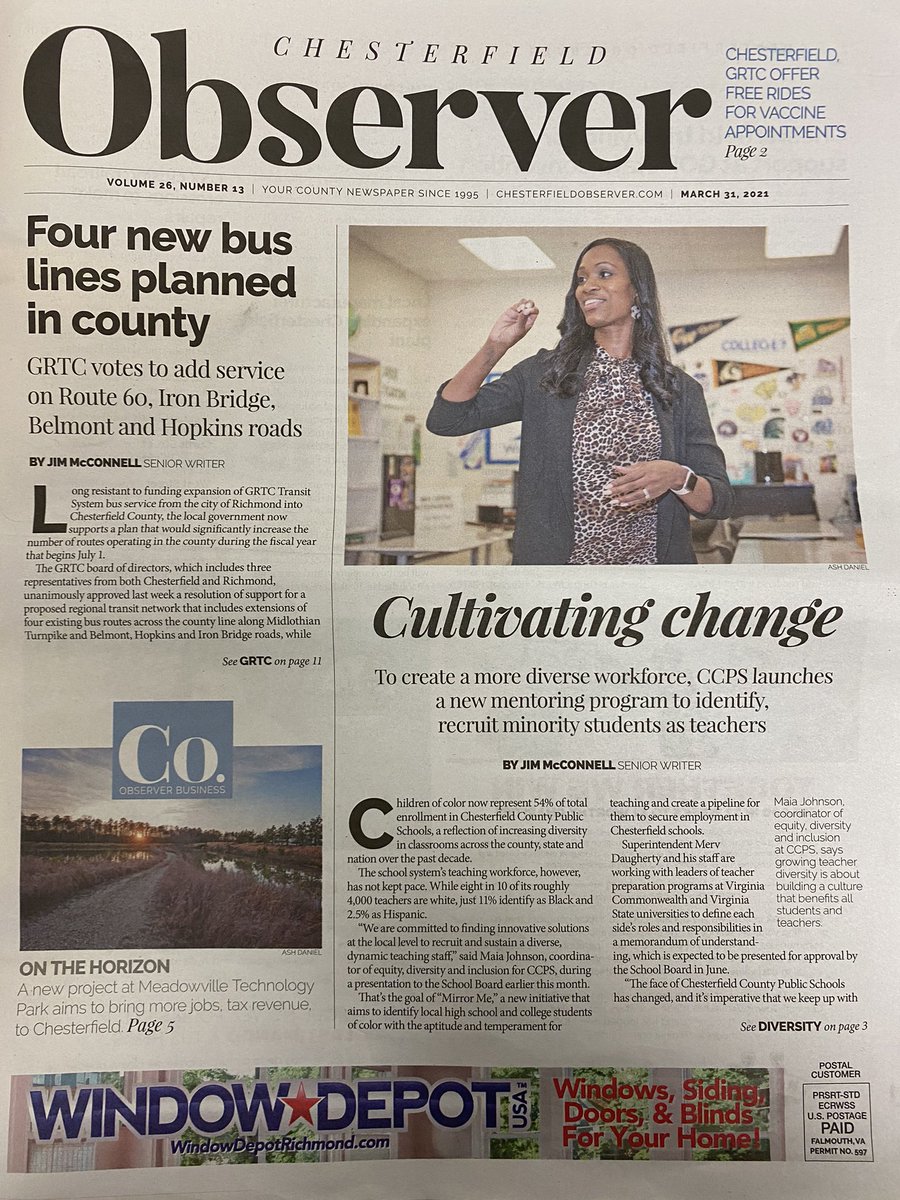 I am so proud to see <a href="/CounselorJ_ccps/">Maia K. Johnson</a> featured on the front cover of the <a href="/CfieldObserver/">ChesterfieldObserver</a> today! She is cultivating change and I am thrilled to say I know her!
Congratulations!🎉🎉