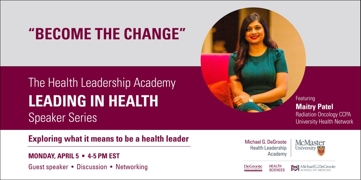 McMasterHLA's tweet photo. Don't miss our new speaker and networking series #LeadingInHealth. Attend our first session on Monday, April 5: #BecomeTheChange with Maitry Patel.
Register here: https://t.co/jxVYUomZp4 https://t.co/l18uW7t0qF