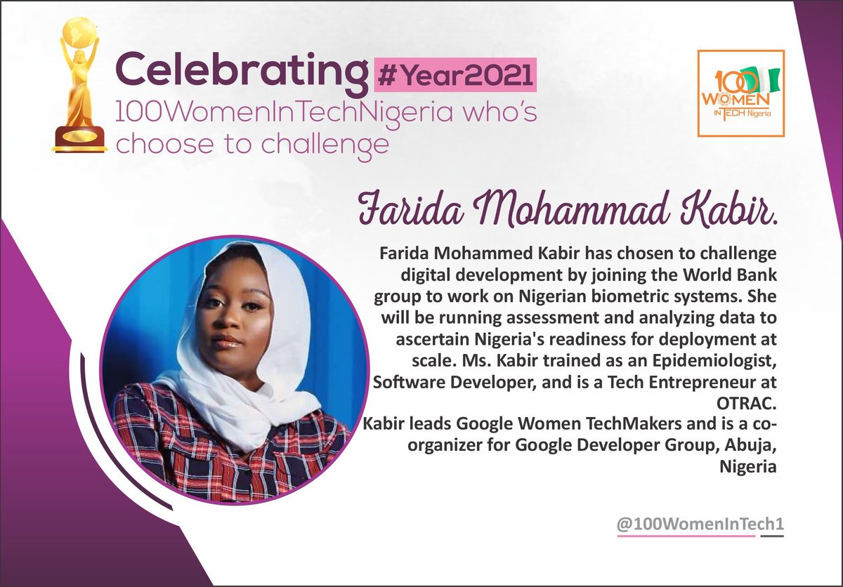 100WomenInTech1's tweet photo. Ms. @reedahkh of @wtmabuja has #ChooseToChallenge Digital Development by joining @worldbankgroup to work on Nigerian #Biometric Systems. The Epidemiologist and #Techpreneur hopes to assess Nigeria's readiness to deploy to scale.Congrats 🎊🎉 Ma'am #100WomenInTechNigeria🇳🇬♀️ 9/100 https://t.co/9RCOsqtsBa