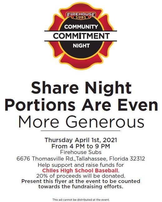 Lawton Chiles High (@chilestwolves) on Twitter photo Support <a href="/ChilesBaseball/">Chiles Baseball</a>, firefighters, and get a full belly. It's a home run!
Thanks, <a href="/FirehouseSubs/">Firehouse Subs</a>! Support <a href="/ChilesBaseball/">Chiles Baseball</a>, firefighters, and get a full belly. It's a home run!
Thanks, <a href="/FirehouseSubs/">Firehouse Subs</a>!