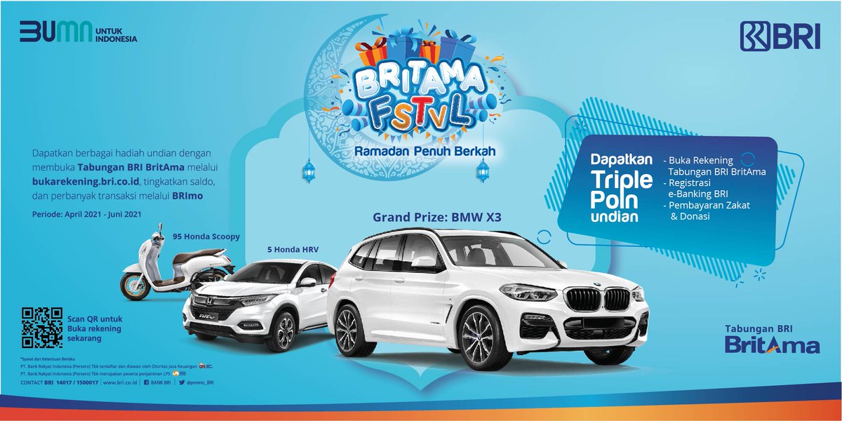 Sobat BRI, sambut Ramadan dengan beragam hadiah lewat Triple Poin undian #BritAmaFSTVL : 
Buka tabungan BRI BritAma, tingkatkan saldo &amp; perbanyak transaksi, serta salurkan donasi &amp; zakat melalui BRImo!
#YangPentingBuatKita #BukaBritAmaJamanNow