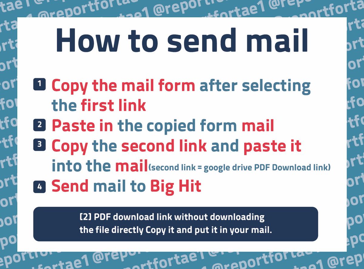 🚨Mail to BH🚨 📁Contents - Tw784p / 72 acc - DC Inside 11,715p ⭕️[1] 메일 발송 양식 (Mail form)👇🏻 🔗KR) docs.google.com/document/d/1qP… 🔗ENG)docs.google.com/document/d/1cZ… ⭕️[2] 구글 드라이브 링크 (Drive link)👇🏻 🔗drive.google.com/file/d/1XJPu8g… ⭕️전송방법 참고(How to Send Mail)👇🏻