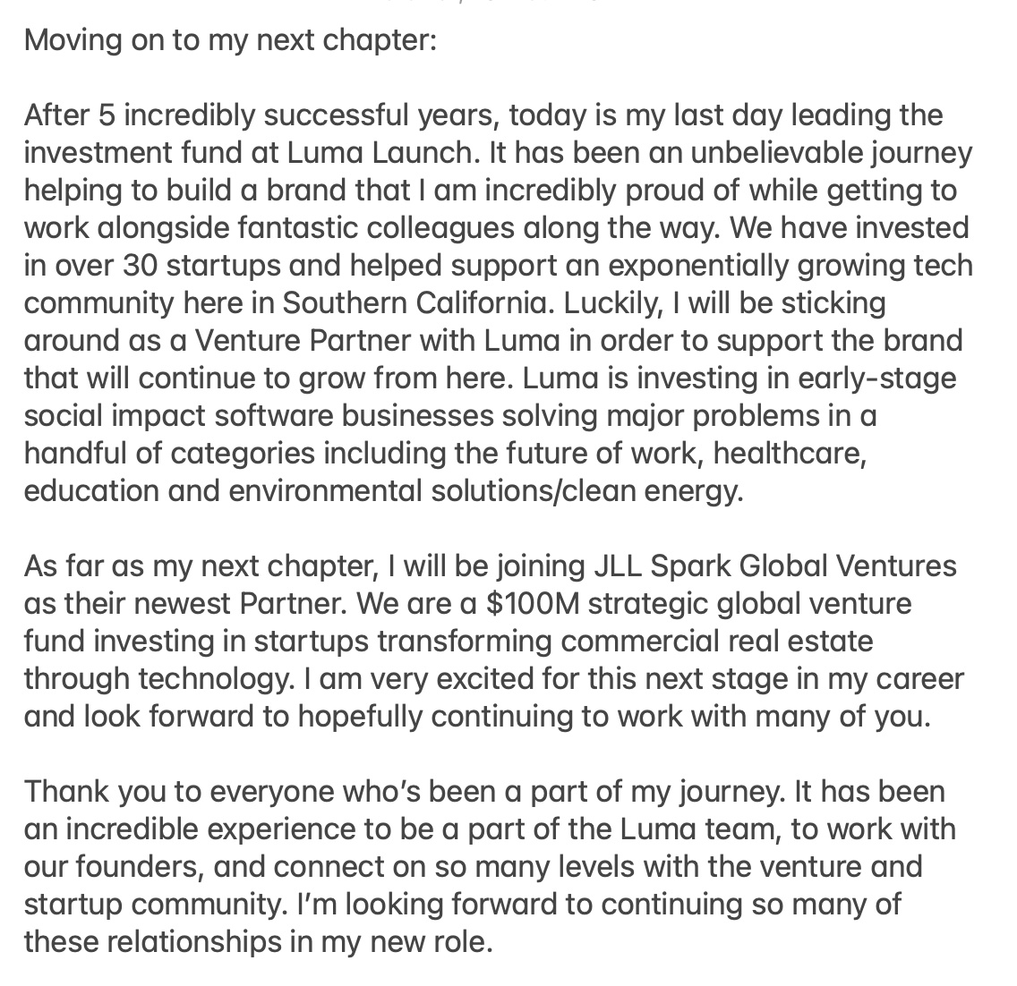 laurentgrill's tweet photo. This is my last day leading @Luma_Launch. It has been an incredible 5 years but looking forward to my next challenge as the newest Partner at @JLLSpark Global Ventures. Thank you to everyone who helped support me to get here! https://t.co/O8G59FrpSq