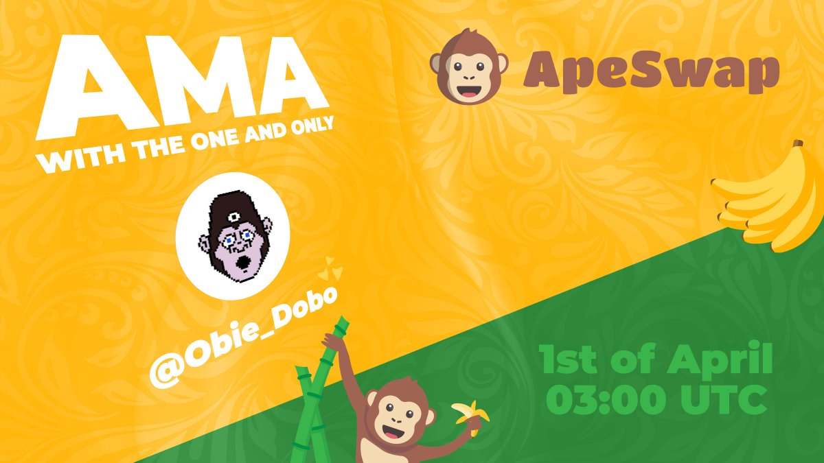 ApeBond's tweet photo. Don't forget we have our FIRST AMA in 3 hours in https://t.co/4HNg2V4vql and it is gonna be a party 🎉

Giveaways, games, lots of Q&amp;A and the ENTIRE founding team will be there 🤯

Retweet and tag a loyal Ape fren that you want to make sure attends 🥳 -> 50 $BANANA for 5 winners https://t.co/37PzSF16kV