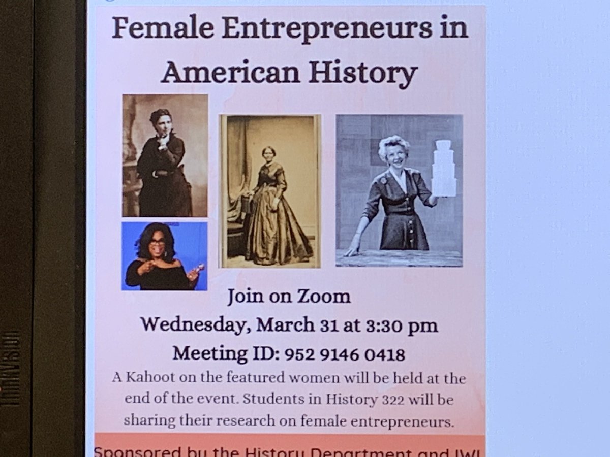 pelnichols's tweet photo. Congrats to Prof. Emily Thomas and the students of Women in American Society for their fine presentation today as another Women’s History Month draws to a close. 25 people attended today’s event, “Female Entrepreneurs in American History,” on Zoom! @Nichols_History https://t.co/rNG3zn5BcR