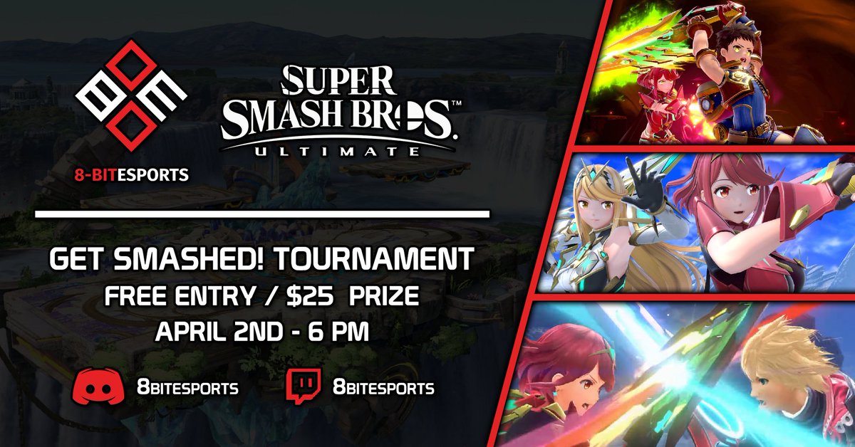 8bit_esports's tweet photo. Another week, another Get Smashed! Join us this Friday at 6pm PST to compete for the $25 prize!

Registration: https://t.co/7bQyMRT1o1
Discord: https://t.co/G2qgEClf1M https://t.co/bYNi2o6A83