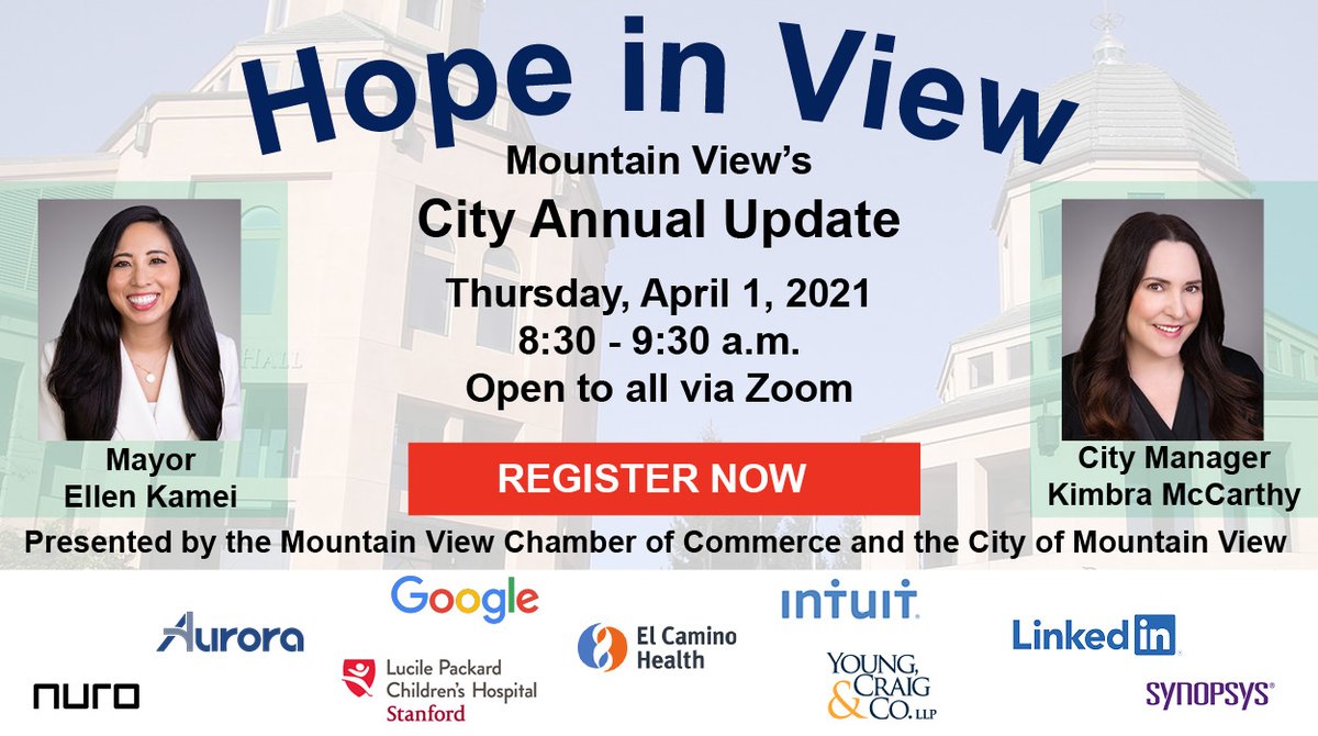 MountainViewGov's tweet photo. There's still time to join #HopeInView the #AnnualUpdateMV happening TOMORROW at 8:30 a.m.
Hear how strong city leadership, the COVID-19 response, & aggressive plans to help our businesses thrive are making a difference.
Visit @chambermv to register: https://t.co/KWZueN7nfX https://t.co/7ELw7KIQEB