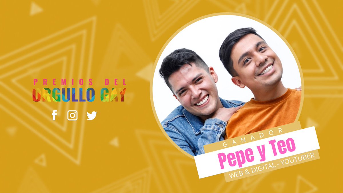 DelOrgullo's tweet photo. 🎉Felicidades a @PepeYTeo por ser los ganadores de los #PogMx en la categoría #PogYoutuber 🥇🏳️🌈 #OrgulloGay 💖
#PepeyTeo #PremiosDelOrgulloGay #WebDigitalYoutuber #Youtubers https://t.co/kDGxigxfor