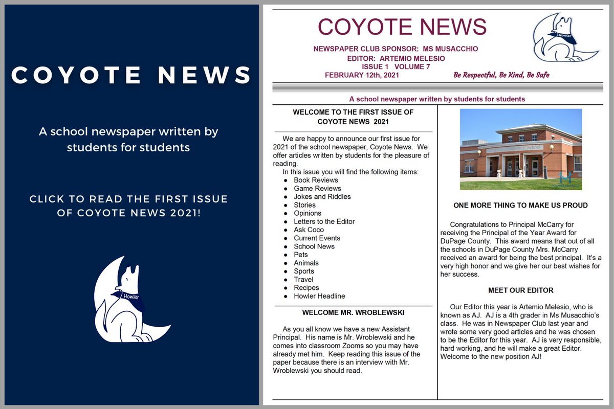 Looking for some good news? Students in Cloverdale's Newspaper Club have just the publication for you, with articles on:
✅  Puppies
✅  Student artwork
✅  Riddles
... and much, much more!

Check it out: ccsd93.com/CLPaper2-21

<a href="/CLPrincipalD93/">Chris Pietroski</a> <a href="/APCloverdaleD93/">Bob Wroblewski</a>