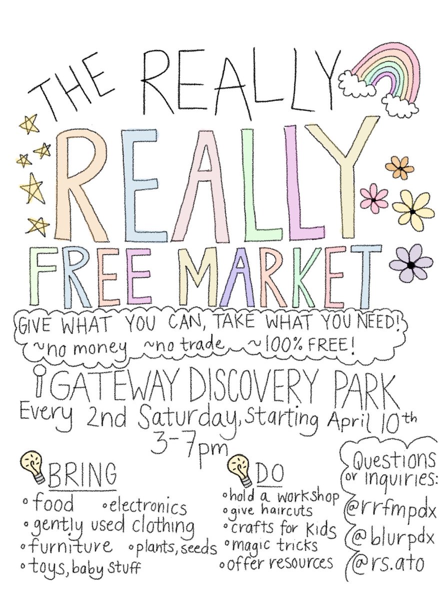 bullhornbitch's tweet photo. introducing portland’s really really free market! 
east portland could use some of the mutual aid love that we see in other parts of pdx! 
we live in abundance, scarcity is a myth, there’s enough for us all! we take care of us :) 
(alt-text embedded) https://t.co/AcozUb0IQW