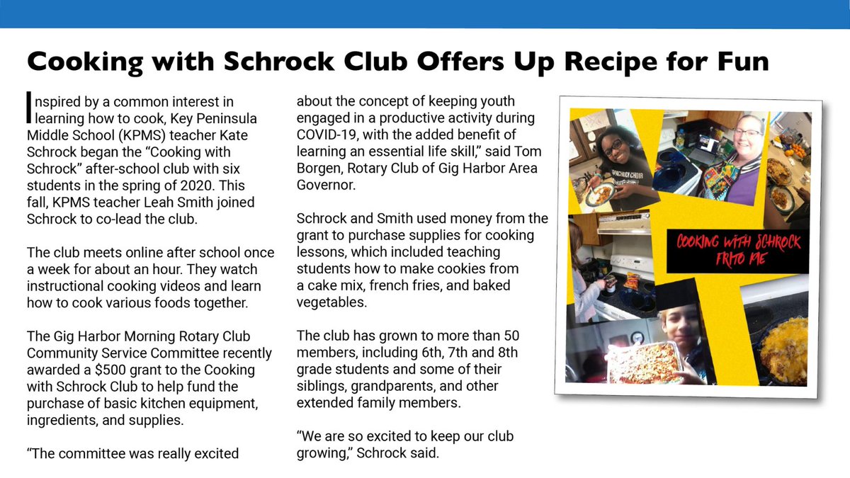 psd401's tweet photo. Key Peninsula Middle School teacher Kate Schrock began the “Cooking with Schrock” club with six students in spring 2020. 

Last fall, KPMS teacher Leah Smith joined Schrock to co-lead the club, which has grown to more than 50 members, including students and family members. https://t.co/M0jvhfZLRr