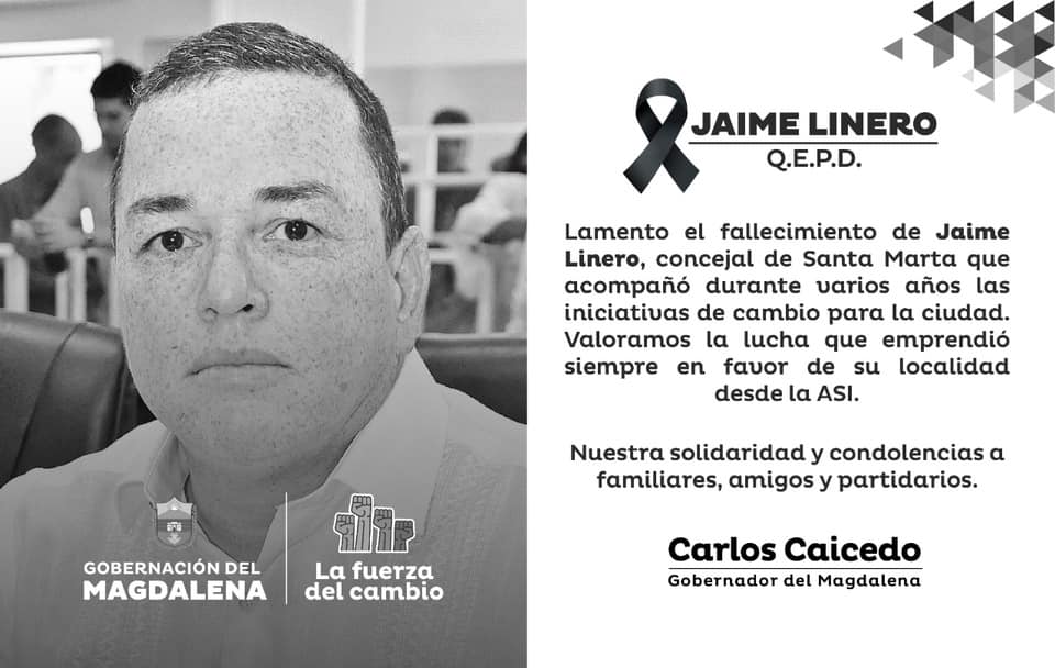 Indeportesmagd1's tweet photo. El Instituto Departamental de Deportes del Magdalena - Indeportes, y la Gobernación del Magdalena en cabeza del doctor Carlos Caicedo, lamentan el sensible fallecimiento de Jaime Linero Ladino, concejal de Santa Marta. https://t.co/DUmTHoKxRH