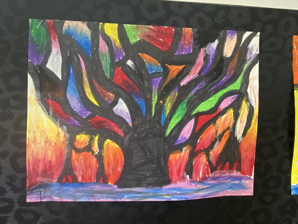 KatlinStrand's tweet photo. Did you know that the national tree of India is the banyan tree? As part of our study of India students created these abstract oil pastel banyan trees. @bigrockbadger @fsd38 https://t.co/sCNvupJ1JB