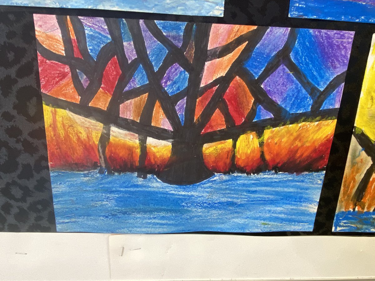 KatlinStrand's tweet photo. Did you know that the national tree of India is the banyan tree? As part of our study of India students created these abstract oil pastel banyan trees. @bigrockbadger @fsd38 https://t.co/sCNvupJ1JB