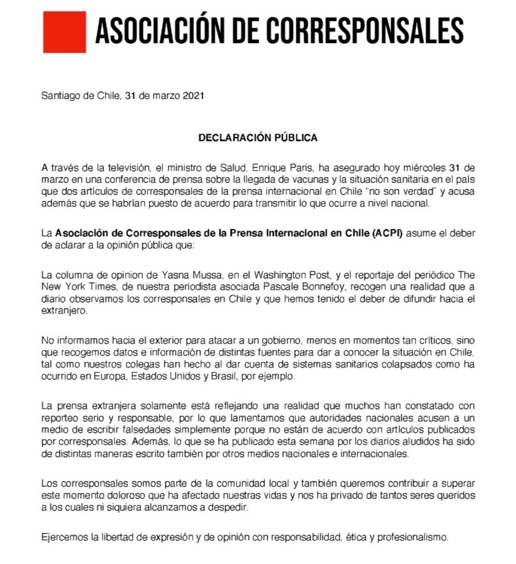 Después del artículo en <a href="/nytimes/">The New York Times</a> en que participé, el ministro declara que este "no era verdad", atacando al medio. Acá respuesta de Corresponsales. Podemos tener diferencias, pero enfoquémonos en los desafíos del país en controlar la pandemia, en vez de pelear con la prensa