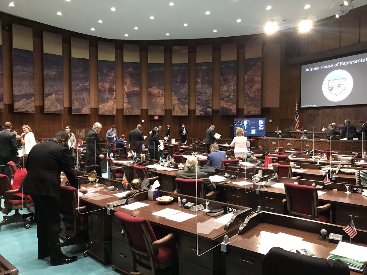 P2Hannley's tweet image. Two points of view: No masks &amp;amp; no plexi dividers for #AZHouse #Republicans &amp;amp; opposite for #Democrats. Do they believe the Angel of Death will pass over their houses because they have an R after their names? #COVID19 is real.  @AZHouseDems @Antar4AZ @MitziEpstein @NicholsUprising