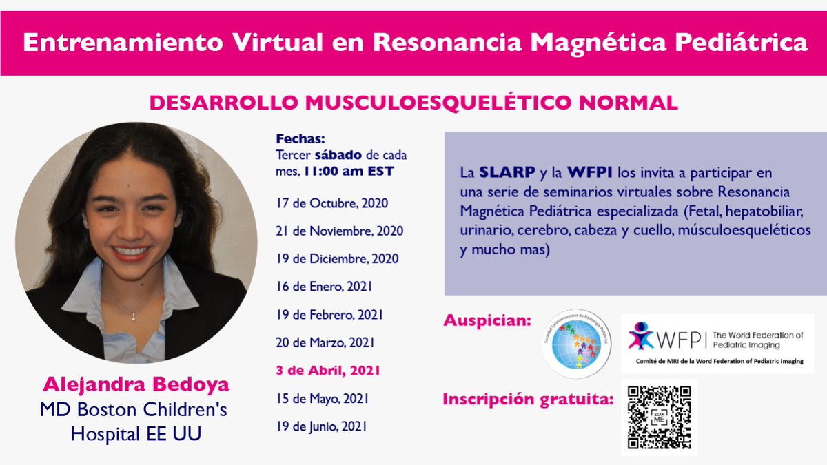bedoya3aleja's tweet photo. 🚨🚨No se lo pueden perder🚨🚨
Es mi turno de presentar  “Desarollo musculoesqueletico normal" @boschildrensrad

Sabado 11am EST
Serie de webinar de Resonancia Magnética Pediátrica
Auspician @SLARPok

 y comite MRI de @WorldFederation, @Camilojaimesc
 
https://t.co/rbRaGGFjua… https://t.co/ahcbH9WCAb