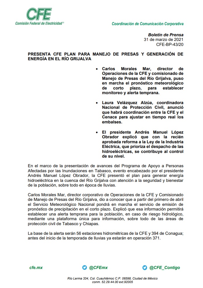 ManuelBartlett's tweet photo. En Tabasco, la @CFEmx anunció el plan para generar energía hidroeléctrica en la cuenca del Río Grijalva con atención a la seguridad y bienestar de la población, sobre todo en época de lluvias. https://t.co/6xWdagbZbt https://t.co/23KBdIN2OD