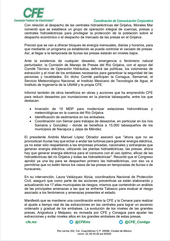 ManuelBartlett's tweet photo. En Tabasco, la @CFEmx anunció el plan para generar energía hidroeléctrica en la cuenca del Río Grijalva con atención a la seguridad y bienestar de la población, sobre todo en época de lluvias. https://t.co/6xWdagbZbt https://t.co/23KBdIN2OD