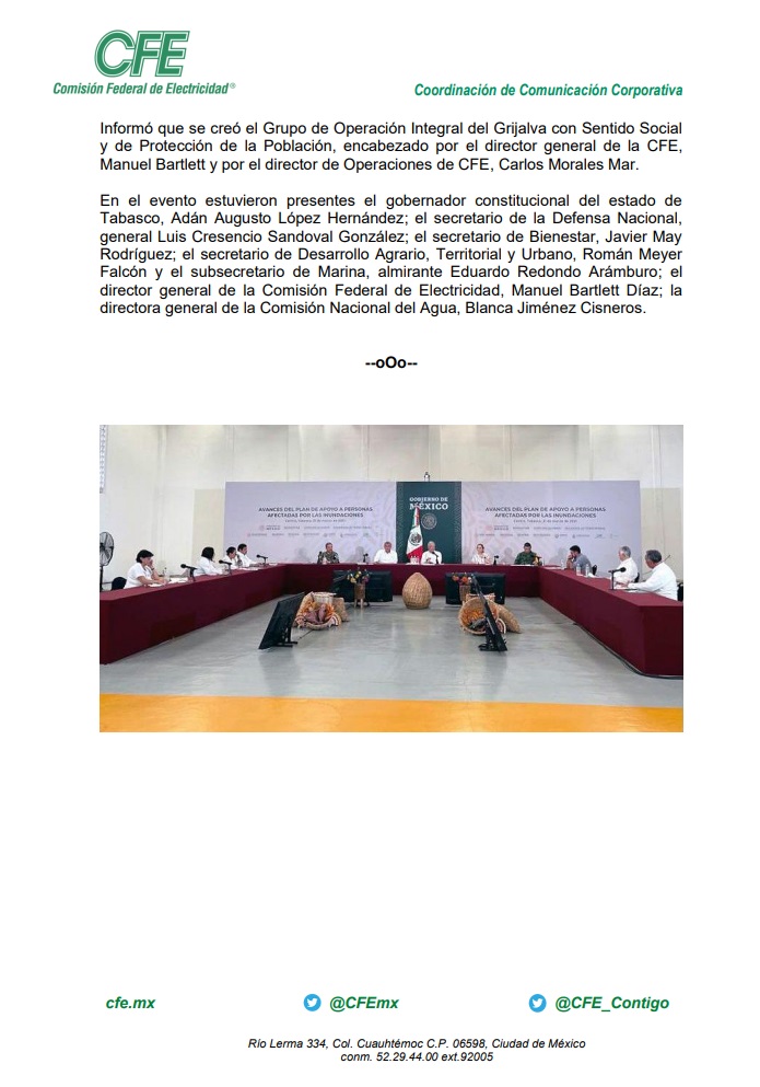 ManuelBartlett's tweet photo. En Tabasco, la @CFEmx anunció el plan para generar energía hidroeléctrica en la cuenca del Río Grijalva con atención a la seguridad y bienestar de la población, sobre todo en época de lluvias. https://t.co/6xWdagbZbt https://t.co/23KBdIN2OD