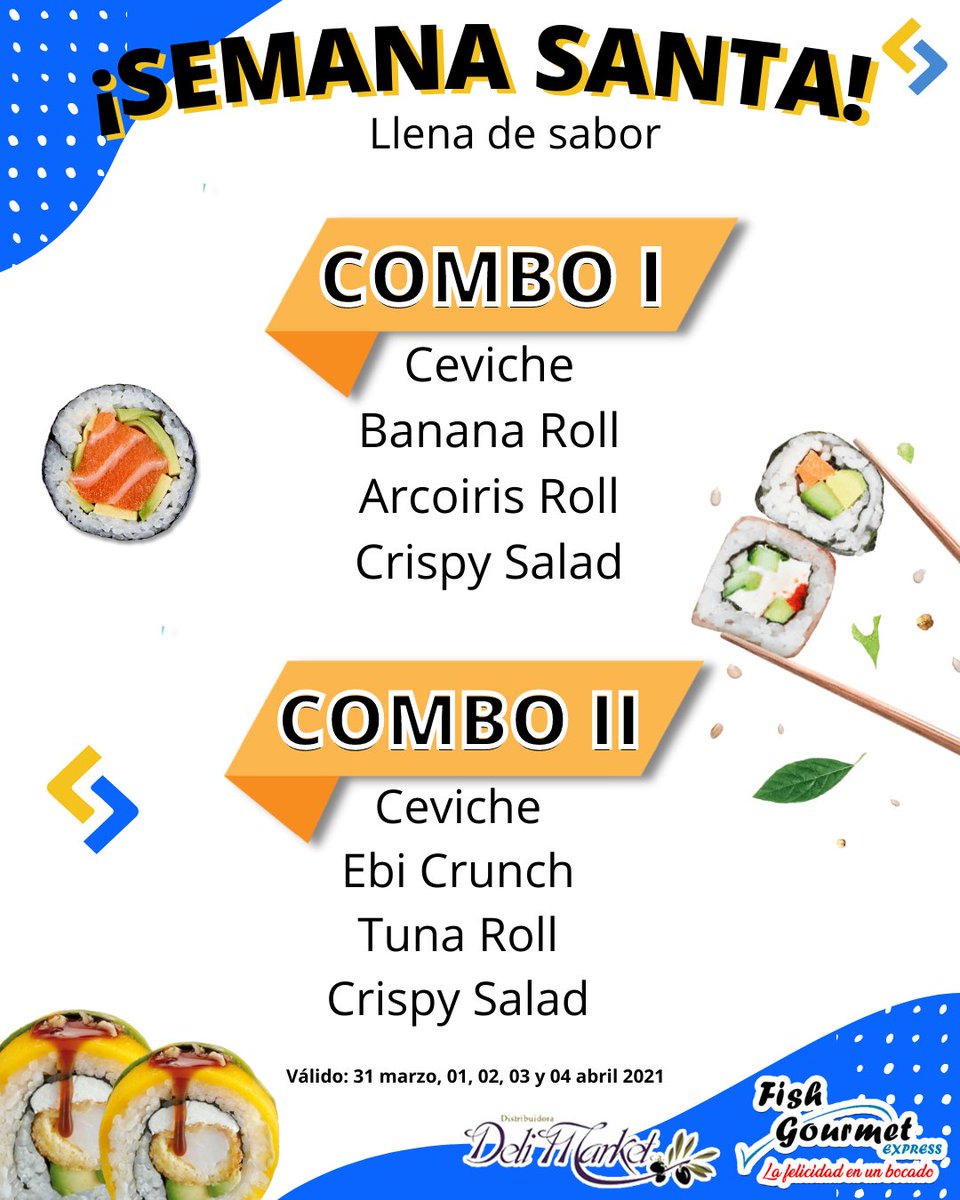 FishGourmet's tweet photo. ¡𝗔𝗖𝗔𝗥𝗜𝗚𝗨𝗔 𝗩𝗘𝗡𝗜𝗠𝗢𝗦 𝗖𝗢𝗡 𝗣𝗥𝗢𝗠𝗢𝗖𝗜𝗢𝗡𝗘𝗦! 🎉

🎉Venimos con 4 combos especiales para compartir o comer sol@. 

⏩Válido: 31 de marzo, 1, 2, 3 y 4 de abril 2021 en @ddelimarket

#comidajaponesa #sushi https://t.co/UD4Bu1UJTc
