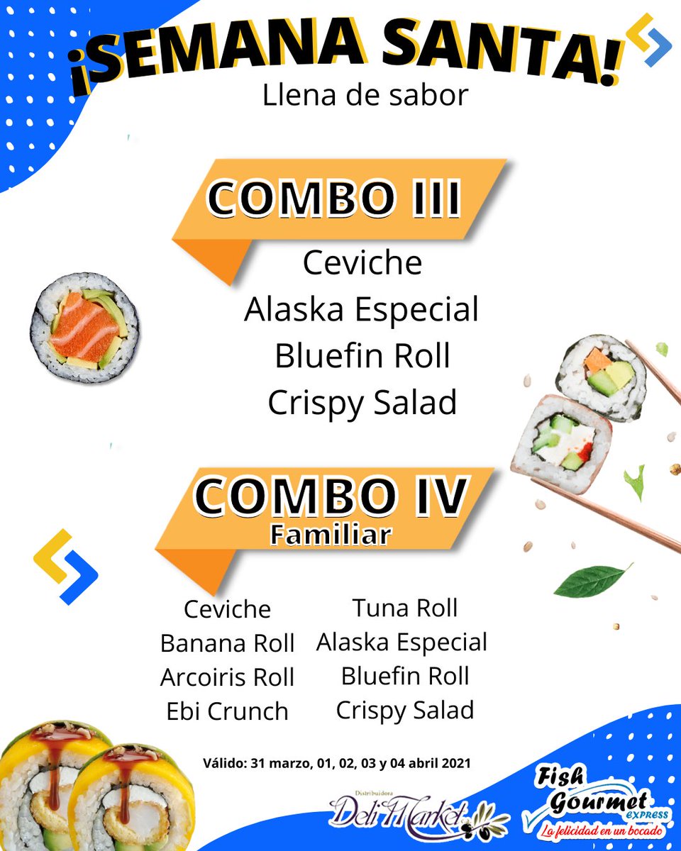 FishGourmet's tweet photo. ¡𝗔𝗖𝗔𝗥𝗜𝗚𝗨𝗔 𝗩𝗘𝗡𝗜𝗠𝗢𝗦 𝗖𝗢𝗡 𝗣𝗥𝗢𝗠𝗢𝗖𝗜𝗢𝗡𝗘𝗦! 🎉

🎉Venimos con 4 combos especiales para compartir o comer sol@. 

⏩Válido: 31 de marzo, 1, 2, 3 y 4 de abril 2021 en @ddelimarket

#comidajaponesa #sushi https://t.co/UD4Bu1UJTc