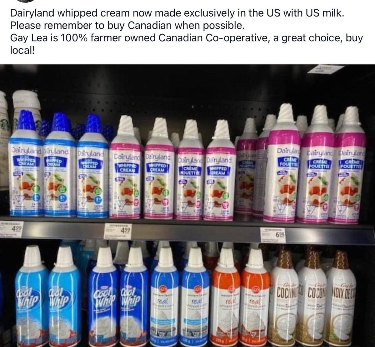 RobGoodwill71's tweet image. Dairyland aerosol whipped cream now 100% US milk       Please read label carefully.   ⁦⁦@gayleamembers⁩ ⁦@dfc_plc⁩ #buycanadian