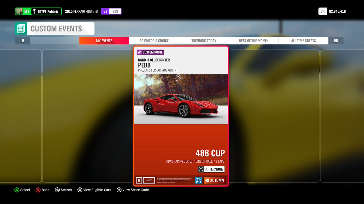 Mr_Pebb's tweet photo. [488 Cup || Share Code: 531 541 929]
Cars: 488 GTB 

#ForzShare #XboxShare #ForzaHorizon #Forza #Xbox #ForzaHorizon4 #CustomRoute #RacingGame #Ferrari #XboxOne #XboxSeriesX https://t.co/JJt2608fwh