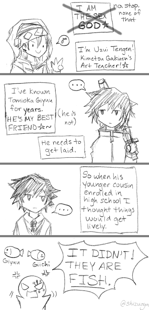 shizuoya's tweet photo. we starting off with the intro arc of acedia and i's giisumi+giyutan au

our protagonist uzui tengen+friends

1/? 
(when the arc is over, this thread will be linked in the main post) https://t.co/xnodjbuEqx