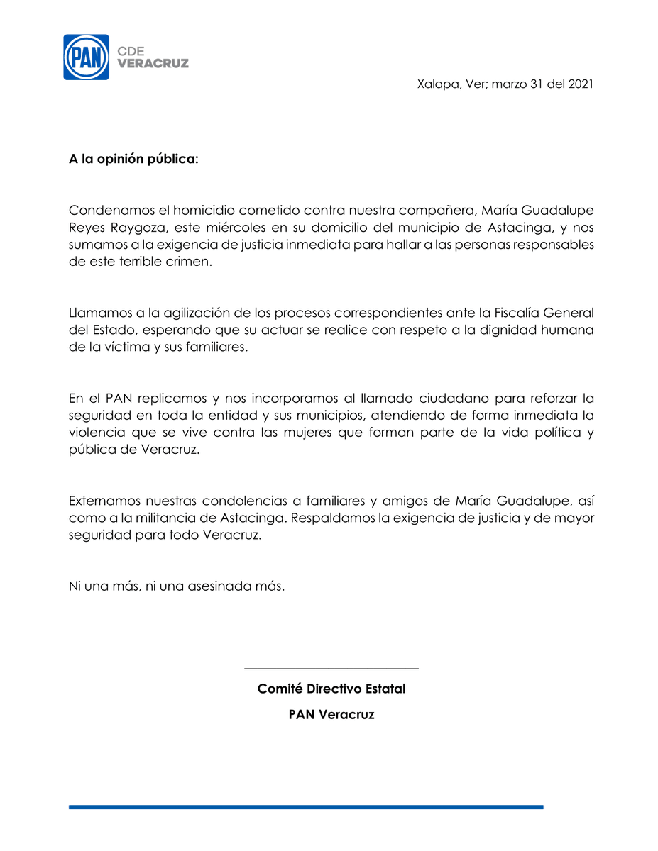 CDEPANVeracruz's tweet photo. Veracruz no aguanta más violencia. Exigimos estrategias reales que garanticen la seguridad de todas y todos, así como la investigación clara e inmediata del asesinato de María Guadalupe Reyes Raygoza. https://t.co/FY6MEElapc