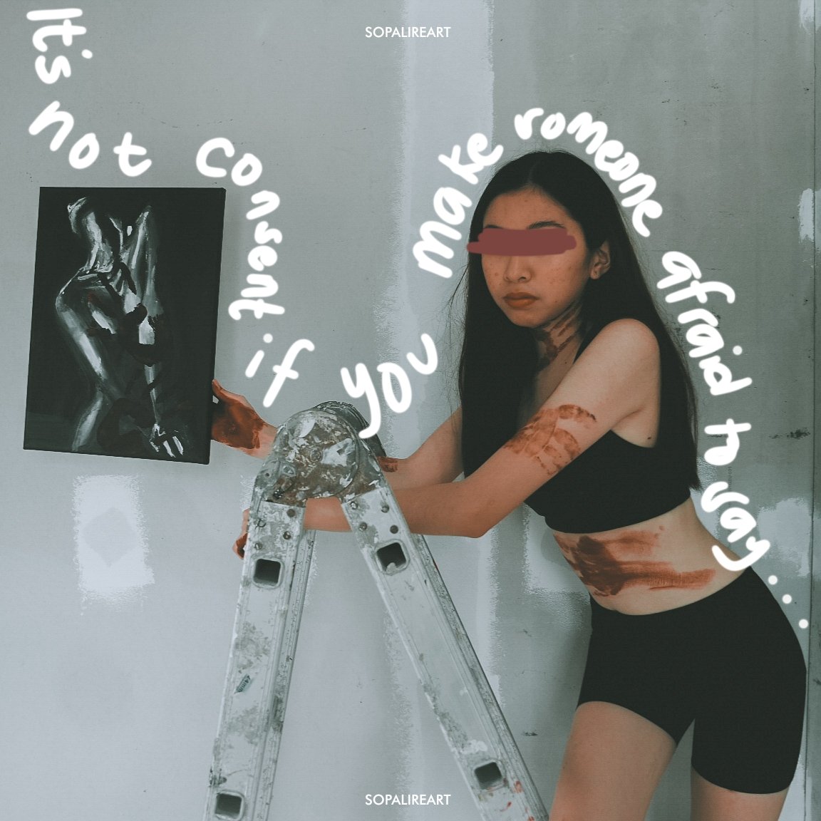 sopalireart's tweet photo. Sophia Rejuso 

Filipino, born 2002

Where? 2021

Gouache on canvas 

———
April is Sexual Assault Awareness Month. 

"No" does not mean "convince me." NO means NO, but so does "I don't want to," "Stop," etc. It's not consent if you make someone afraid to say no. 

#MeToo https://t.co/hByX5yABP2