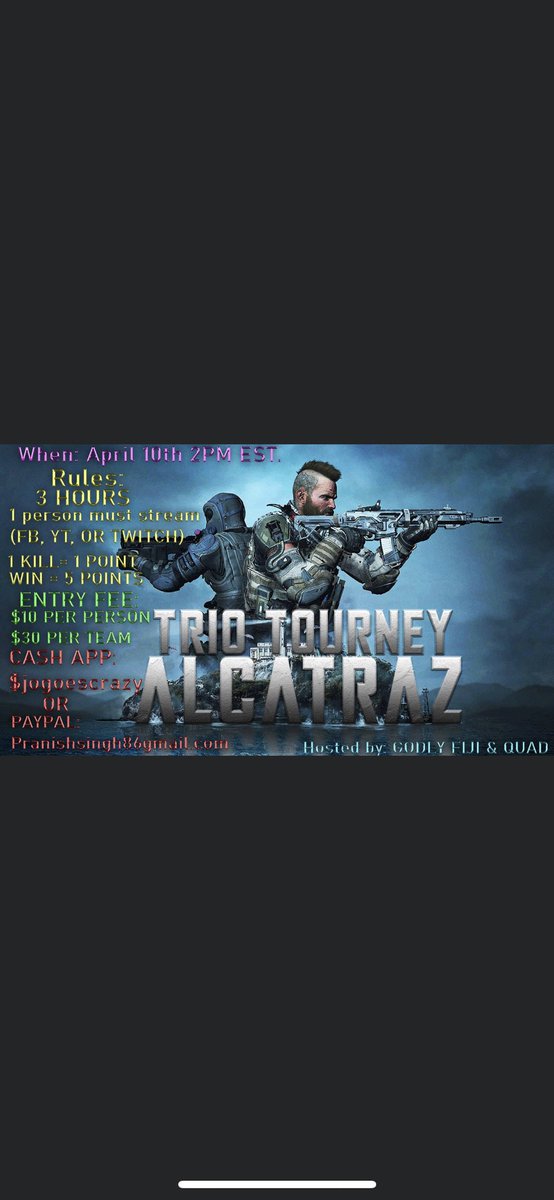 ALCATRAZ TRIO TOURNEY KILL RACE ON APRIL 10TH, CHECK DOWN BELOW FOR DETAILS!