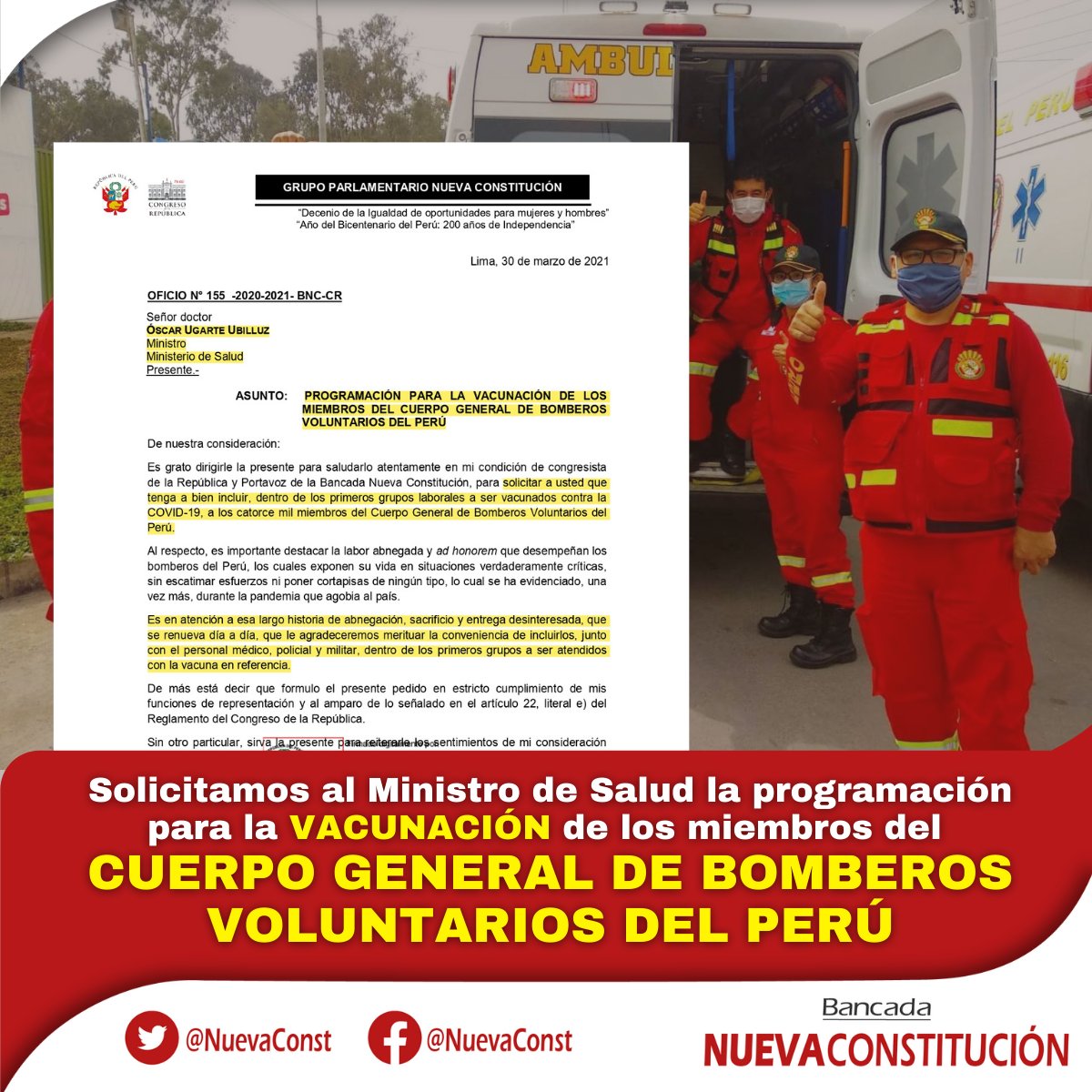 NuevaConst's tweet photo. 🔴Solicitamos al @Minsa_Peru, @ougarteu, incluir dentro de los primeros grupos laborales a ser vacunados contra la #COVIDー19, a los miembros del Cuerpo General de Bomberos Voluntarios del Perú. (1/2) 
@congresoperu #BomberosVoluntarios https://t.co/psFfCIXIp6