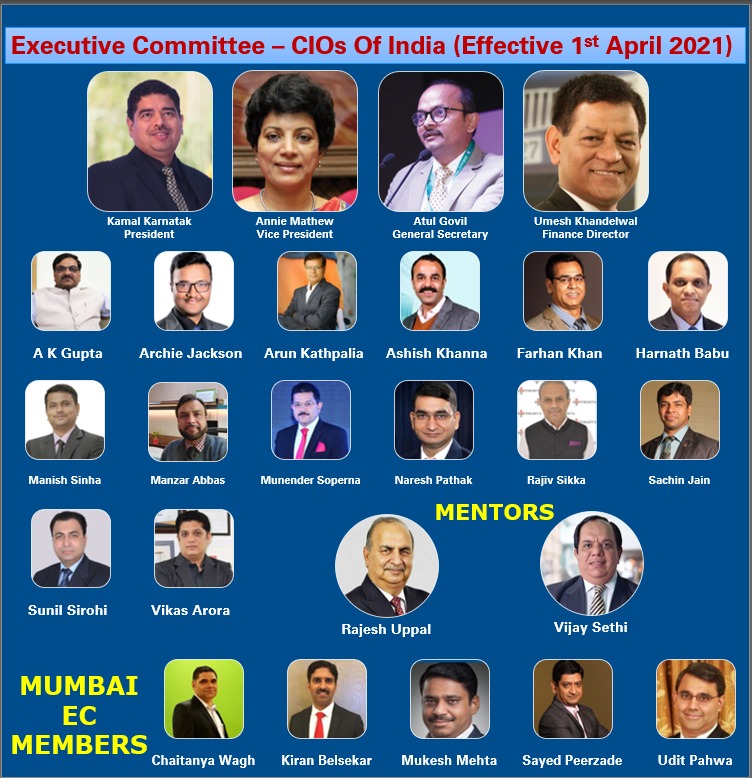 Welcome new EC members of CIOs Of India. 

<a href="/kamalkarnatak/">Dr. Kamal Karnatak</a> <a href="/AnnieJMathew/">Annie</a> <a href="/ssirohi/">Sunil Sirohi</a> <a href="/techievicky/">Vikas Arora</a> <a href="/ConnectMuks/">Dr Mukesh Mehta</a> <a href="/vijaysethi11/">Vijay Sethi</a>